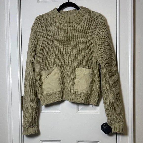 Zara Chunky Knit Pocket Sweater Sage Green Cropped Boxy Cozy Pullover Large - Picture 5 of 11